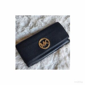 Michael Kors Black Grained Leather Fulton Flap Continental Wallet Gold Logo MK